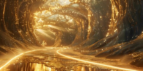 Wall Mural - A long, winding tunnel with a river of gold running through it. The tunnel is filled with stars and the river is illuminated with a golden glow. The scene is surreal and dreamlike