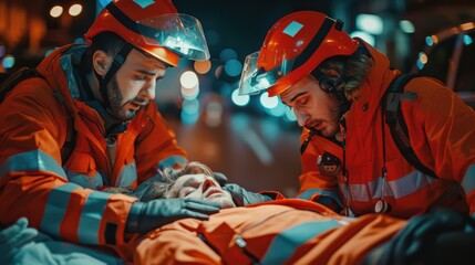 A man in an orange jacket is laying on the ground while two men in orange jacket