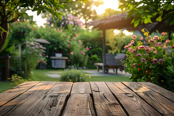 Poster - empty wooden table across summer time in backyard garden