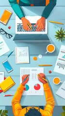 Corporate software solutions, flat design, top view, development theme, cartoon drawing, vivid