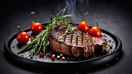 Sticker - a steak on a plate with tomatoes and rosemary