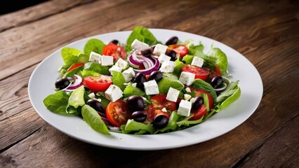 Sticker - a salad with tomatoes, black olives, and feta cheese