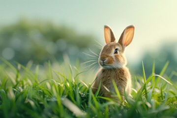 Adorable young rabbit sitting in lush green grass on a sunny day, with soft focus and natural background.