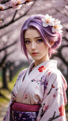 Wall Mural - cute and pretty girl with purple hair, light pink eyes, and a flower kimono in a forest of cherry blossom trees