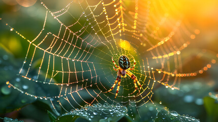 A photo of a spider on a web blurred garden background,
Close Up of Spider Web on Dark Background 
