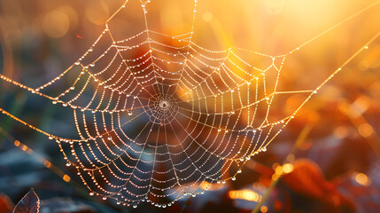 Close up of the spider web against a background of morning dew and sunlit cobweb,
Glistening raindrops on a spider web

