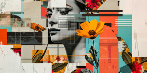 Wall Mural - Contemporary Art Collage of Woman's Face with Colorful Floral Elements and Geometric Patterns