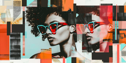 Wall Mural - Stylish Woman with Red Glasses in Abstract Geometric Art Composition