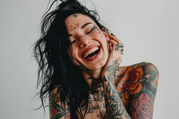 Sticker - Woman covered with tattoo laughing smile individuality happiness.