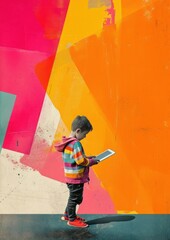 Wall Mural - A little kid using a tablet child art architecture.