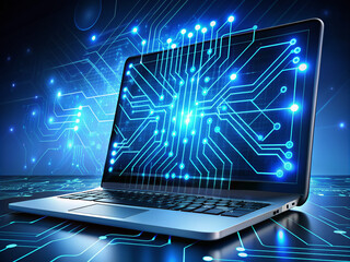 futuristic laptop screen displays intricate blue circuitry network with glowing lines and pulsing no