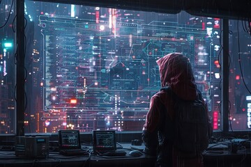 A cyberpunk scene depicting a hacker's mastery of technology and the thrill of navigating the digital underworld.