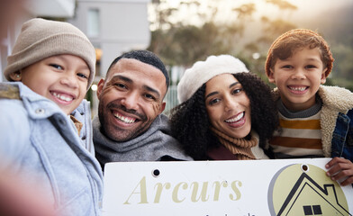 Canvas Print - Black family, portrait and children with sign for real estate mortgage, new home and moving in neighborhood. Mother, father and kids with sold board for future property investment and outdoor house