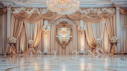 Wall Mural - Ornate wedding reception hall with gold and cream floral decor