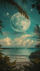 Poster - Full moon beach astronomy shoreline.