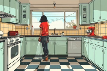 A vintage-style illustration of a person washing dishes in a retro kitchen.