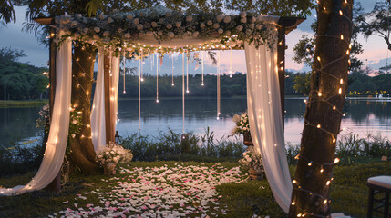 Scenic lakeside wedding ceremony with floral arch and romantic lighting