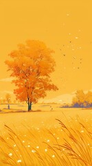 Wall Mural - Abstract Autumn-Themed Yellow Minimalist Illustration Wallpaper. Organic Line Art and Creative Concept for Graffiti, Advertising, Gift Wrapping, and Web Design. AI-Generated for Commercial Advertising