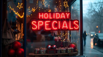 Wall Mural - Sign in store window that says “HOLIDAY SPECIALS” - deals - big discount - Black Friday - sales - neon sign - storefront - display window - retail - holiday - Christmas