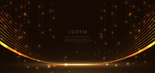 Poster - Abstract glowing gold lighting curve lines on dark  background with lighting effect and sparkle with copy space for text.