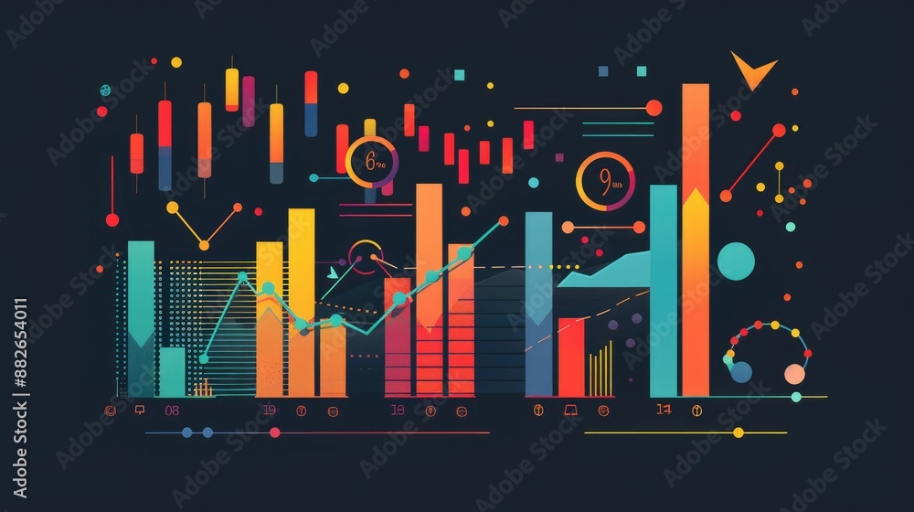 Financial growth chart with data points and currency symbols ...