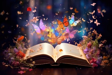 Canvas Print - Open book with magic butterfly publication flower.