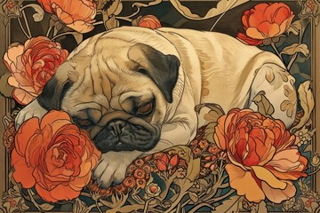 Wall Mural - Flower pug art painting.