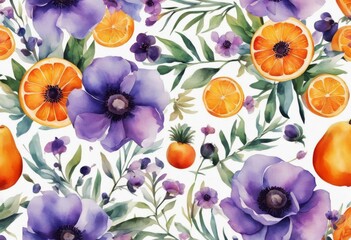 Wall Mural - new lavender orange watercolor fruits bright colorful lime pattern illustration flowers vitamin anemones illustrations yellow