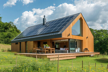 Modern eco-friendly passive house with solar panels on the rooftop