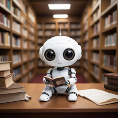 ai tranning cute smart tiny robot sit and read a book in library right space machine learning concept