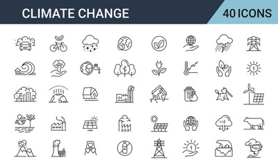 climate change line editable icons set. includes factory, oil barrel, plastic, save earth, energy, w