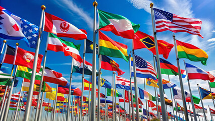 Colorful flags of various countries from around the world wave gently in the breeze, densely packed on a white background, creating a vibrant and patriotic display.