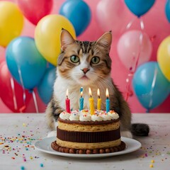 cute cat with birthday cake and colorful background Generative AI 