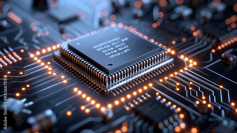 Digital circuit board pattern with glowing lines, representing ...