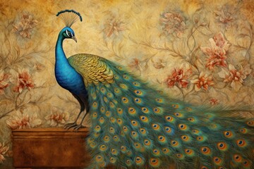 Poster - Medieval Persian painting art of peacock on a Persian pattern animal bird wall.