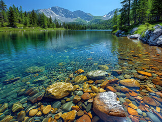 Wall Mural - A beautiful lake with a rocky shoreline and mountains in the background