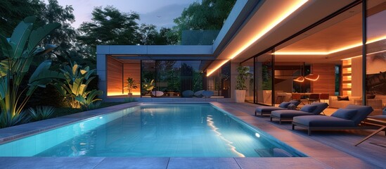 Wall Mural - Modern Villa with a Swimming Pool and Illuminated Patio