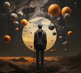 Sticker - Surreal scene with man and planets in the sky