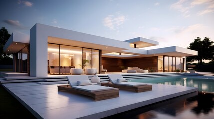 Wall Mural - Modern luxury home with pool and sunset view