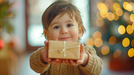 Wall Mural - little child with gift box, A young child holding a birthday present box in both hands, extending it forward, facing the camera, in a cute and cinematic style, 