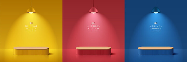 Wall Mural - set of 3d red, blue, yellow round product podium background with hanging lamps. abstract composition