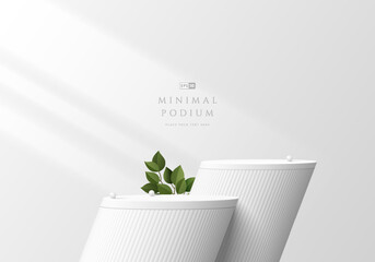 Wall Mural - 3d white round product podium background with green leaf, lighting. abstract composition in minimali