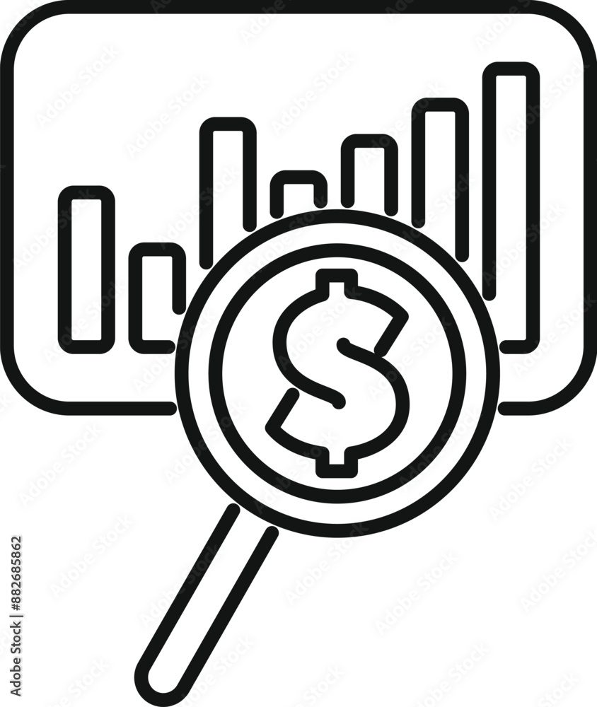 Magnifying glass is focusing on a dollar sign in front of a bar graph ...