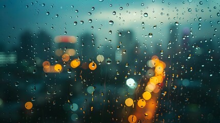 Canvas Print - Serene Water Droplet on Glass Window with Blurred City Lights in the Background