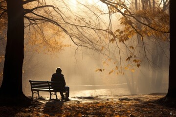 Wall Mural - Anxiety sitting bench autumn.