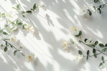 Poster - white background with shadows of leaves and flowers, minimalistic, soft light, pastel colors, high resolution photography