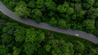 © Kalyakan - Aerial view electric vehicle car driving on asphalt road in mountain green forest, EV car electric vehicle car on forest road green energy and eco power, White electric car driving green forest road.