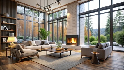 Poster - Cozy and modern living room with a fireplace and large windows, interior, room, cozy, modern, living room