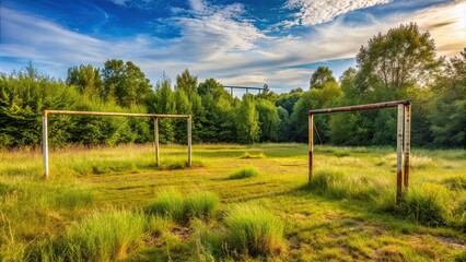 Poster - Overgrown and abandoned football field with rusty goal posts , abandoned, run-down, neglected, derelict, football field