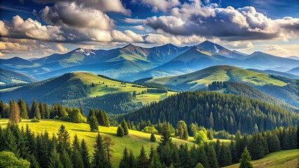 Wall Mural - Panoramic view of the Carpathian mountain range with Hoverla and Petros peaks in the background, Carpathian, mountains, range